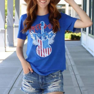 Red White Blue Freedom Rocks Guitar Graphic Tee - L